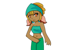 Size: 1200x812 | Tagged: safe, artist:phoebeartfulgirl992, shanty (tfh), human, them's fightin' herds, animal ears, bandana, belly button, community related, female, frown, humanized, simple background, solo, transparent background, tube top