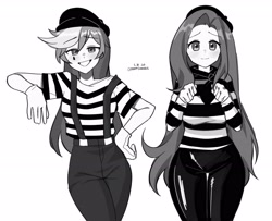 Size: 2573x2086 | Tagged: safe, artist:cottonsweets, fluttershy, rainbow dash, equestria girls, g4, beret, clothes, commission, duo, duo female, face paint, female, fluttermime, gloves, grayscale, hat, high res, looking at you, mime, monochrome, pants, shirt, simple background, smiling, smiling at you, striped shirt, suspenders, t-shirt, white background