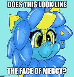Size: 500x520 | Tagged: safe, artist:brainiac, oc, oc only, oc:starrinite, inflatable pony, kirin, pony, caption, cute, cyan background, face of mercy, female, image macro, inflatable, mare, meme, pool toy, simple background, solo, text
