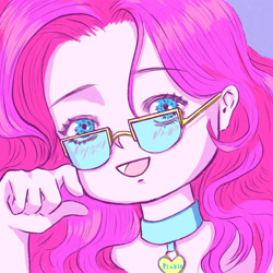 Size: 2048x2048 | Tagged: safe, artist:pika pie, pinkie pie, equestria girls, g4, :d, blushing, bust, collar, female, glasses, high res, open mouth, open smile, smiling