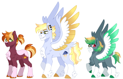 Size: 3124x2012 | Tagged: safe, artist:artistcoolpony, oc, oc only, oc:sunny harvest, oc:thunder clap, oc:zap apple, earth pony, pegasus, pony, chest fluff, clothes, coat markings, colored hooves, colored wings, feathered fetlocks, female, high res, male, mare, multicolored wings, offspring, parent:big macintosh, parent:rainbow dash, parents:rainbowmac, siblings, simple background, socks, socks (coat markings), spread wings, stallion, transparent background, trio, unshorn fetlocks, wings
