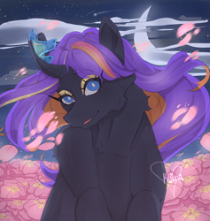 Size: 2224x2342 | Tagged: safe, artist:kuinabun, oc, oc only, butterfly, pony, unicorn, bust, chest fluff, crescent moon, curved horn, female, flower, high res, horn, mare, moon, night, outdoors, petals, signature, smiling, solo, stars, transparent moon, unicorn oc