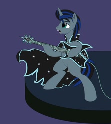 Size: 1152x1294 | Tagged: safe, artist:selvingo, oc, oc only, oc:shadorn shtein, pony, unicorn, bipedal, cloak, clothes, colored, electric guitar, full body, guitar, horn, musical instrument, open mouth, rock (music), rock style, rocker, simple background, solo