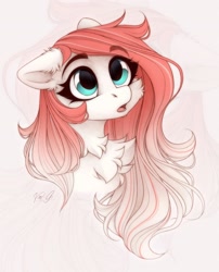 Size: 1540x1910 | Tagged: safe, artist:vird-gi, oc, oc only, oc:making amends, pegasus, pony, :o, blue eyes, bust, cheek fluff, chest fluff, chin fluff, cute, ear fluff, eyebrows, eyebrows visible through hair, limited color, one ear down, open mouth, pegasus oc, red mane, solo, white background, white coat, zoom layer