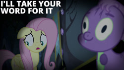 Size: 1280x720 | Tagged: safe, edit, edited screencap, editor:quoterific, screencap, fluttershy, spike, dragon, pegasus, pony, g4, scare master, season 5, duo, female, floppy ears, male, mare, open mouth, text, twilight's castle