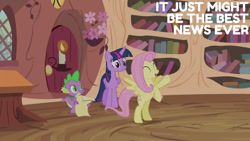 Size: 1280x720 | Tagged: safe, edit, edited screencap, editor:quoterific, screencap, fluttershy, spike, twilight sparkle, alicorn, dragon, pegasus, pony, g4, season 4, three's a crowd, ^^, bipedal, book, cute, eyes closed, female, golden oaks library, hoofy-kicks, male, mare, open mouth, open smile, rearing, shyabetes, smiling, spread wings, text, trio, twilight sparkle (alicorn), wings