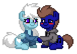 Size: 304x217 | Tagged: safe, artist:feather_bloom, oc, oc only, oc:blue_skies, oc:feather bloom(fb), oc:feather_bloom, earth pony, pegasus, pony, pony town, blushing, couple, duo, earth pony oc, female, holding hooves, looking at each other, looking at someone, male, oc x oc, pegasus oc, pixel art, shipping, simple background, straight, white background
