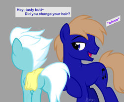 Size: 3000x2468 | Tagged: safe, artist:feather_bloom, fleetfoot, oc, oc:blue_skies, earth pony, pegasus, pony, g4, butt, dialogue, duo, earth pony oc, fleetbutt, flirting, funny, gray background, high res, plot, shipping, show accurate, simple background