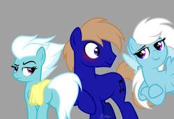 Size: 3600x2468 | Tagged: safe, artist:feather_bloom, fleetfoot, oc, oc:blue_skies, oc:feather bloom(fb), oc:feather_bloom, earth pony, pegasus, pony, g4, blushing, butt, couple, crossed hooves, earth pony oc, embarrassed, fleetbutt, flying, funny, gray background, high res, pegasus oc, plot, show accurate, simple background, trio