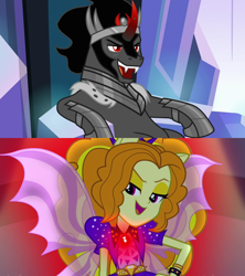 Size: 1280x1440 | Tagged: safe, edit, edited screencap, screencap, adagio dazzle, king sombra, pony, equestria girls, g4, my little pony equestria girls: rainbow rocks, the beginning of the end, crack shipping, disguise, disguised siren, female, gem, long live the king, male, shipping, shipping domino, siren gem, sirenified, sitting, sombradagio, species swap, straight, throne
