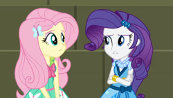 Size: 3410x1920 | Tagged: safe, screencap, fluttershy, rarity, equestria girls, g4, my little pony equestria girls: friendship games, bracelet, crossed arms, duo, duo female, female, hairpin, high res, jewelry