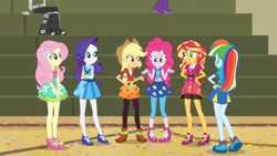 Size: 3410x1920 | Tagged: safe, screencap, applejack, fluttershy, pinkie pie, rainbow dash, rarity, sunset shimmer, equestria girls, g4, my little pony equestria girls: friendship games, applejack's hat, bracelet, clothes, cowboy hat, crossed arms, cutie mark on clothes, dress, female, hairpin, hat, high heels, high res, humane five, jewelry, male, offscreen character, shoes