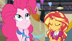 Size: 3410x1920 | Tagged: safe, screencap, pinkie pie, sunset shimmer, equestria girls, g4, my little pony equestria girls: friendship games, balloon, duo, duo female, duo focus, eyes closed, female, high res, smiling, speaker