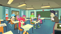 Size: 3410x1920 | Tagged: safe, screencap, apple bloom, cranky doodle donkey, heath burns, scootaloo, snails, snips, sweetie belle, velvet sky, equestria girls, g4, my little pony equestria girls: friendship games, apple bloom's bow, boots, bow, chalkboard, cutie mark crusaders, female, hair bow, high res, male, shoes