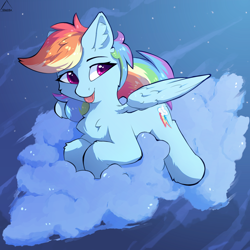 Size: 1324x1324 | Tagged: safe, artist:glazirka, rainbow dash, pegasus, pony, g4, :p, chest fluff, cloud, cute, dashabetes, ear fluff, female, fluffy, leg fluff, lying down, lying on a cloud, mare, on a cloud, open mouth, partially open wings, prone, sky, smiling, solo, tongue out, wing fluff, wings