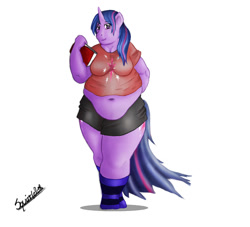 Size: 1000x909 | Tagged: safe, artist:rexyer1, twilight sparkle, unicorn, anthro, unguligrade anthro, g4, bare midriff, bbw, belly, belly button, big belly, book, chubby, chubby twilight, clothes, fat, simple background, skirt, thighs, thunder thighs, tight clothing, twilard sparkle, unicorn twilight, wide hips