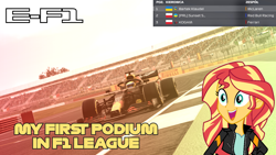 Size: 1920x1080 | Tagged: safe, sunset shimmer, human, equestria girls, g4, car, energy drink, excited, f1 2020, f1 car, f1 game, female, formula 1, game, motorsport, racecar, red bull, solo
