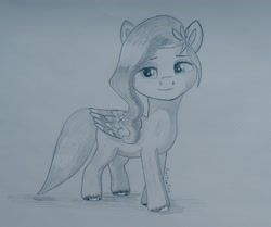 Size: 2728x2282 | Tagged: safe, artist:axelp, pipp petals, pegasus, pony, g5, crown, eyebrows, female, folded wings, grayscale, high res, jewelry, mare, monochrome, regalia, signature, simple background, smiling, solo, traditional art, white background, wings