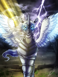 Size: 3000x4000 | Tagged: safe, artist:lupiarts, oc, oc only, oc:nordeis, oc:nordie, pegasus, pony, armor, artwork, chin fluff, cloud, commission, digital art, drawing, ear fluff, eyebrows, feathered wings, flowing mane, glowing, glowing eyes, grass, helmet, lightning, male, outdoors, shiny, solo, spread wings, stallion, tree, wings