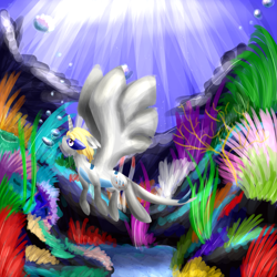 Size: 2449x2449 | Tagged: safe, artist:dewa-chan, oc, oc only, alicorn, pony, bubble, coral, crepuscular rays, deviantart watermark, high res, horn, looking up, obtrusive watermark, ocean, ponified, seaweed, solo, spread wings, sunlight, swimming, underwater, water, watermark, wings
