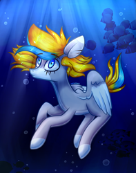 Size: 1489x1893 | Tagged: safe, artist:darkpinkmonster, oc, oc only, fish, pegasus, pony, blue background, blue eyes, bubble, crepuscular rays, feather, flowing mane, folded wings, ocean, simple background, solo, sunlight, underwater, water, wings