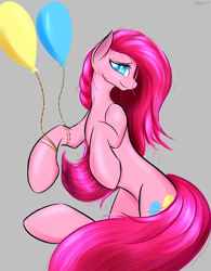 Size: 1280x1640 | Tagged: safe, artist:renarde-louve, pinkie pie, earth pony, pony, g4, balloon, gray background, pinkamena diane pie, simple background, smiling, solo