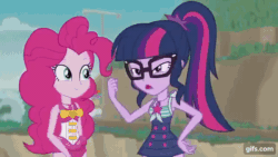 Size: 640x360 | Tagged: safe, screencap, pinkie pie, sci-twi, twilight sparkle, equestria girls, equestria girls series, friendship math, g4, animated, beach, clothes, dramatic widescreen, duo, duo female, female, forever, geode of sugar bombs, geode of telekinesis, gif, gifs.com, glasses, jewelry, magical geodes, necklace, one-piece swimsuit, open mouth, ponytail, shrunken pupils, sweat, swimsuit