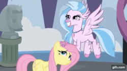 Size: 640x360 | Tagged: safe, screencap, fluttershy, silverstream, hippogriff, pegasus, pony, g4, school daze, season 8, animated, duo, eyes closed, female, flying, gif, gifs.com, mare, open mouth, open smile, school of friendship, smiling, spread wings, wings