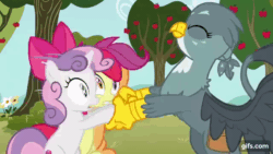 Size: 640x360 | Tagged: safe, screencap, apple bloom, gabby, scootaloo, sweetie belle, earth pony, griffon, pegasus, pony, unicorn, g4, season 6, the fault in our cutie marks, animated, apple, apple bloom's bow, apple tree, bow, cutie mark crusaders, eyes closed, female, filly, foal, food, gif, gifs.com, hair bow, handshake, open mouth, smiling, tree