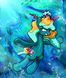 Size: 880x1044 | Tagged: safe, artist:ioncorupterx, oc, oc only, earth pony, fish, octopus, pony, bubble, coral, crepuscular rays, female, mare, ocean, smiling, solo, sunlight, swimming, teeth, underwater, water