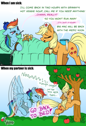 Size: 4093x6000 | Tagged: safe, artist:julunis14, applejack, rainbow dash, earth pony, pegasus, pony, g4, apple, apple tree, backwards thermometer, bandage, biting, blushing, chains, comedy, female, floppy ears, gritted teeth, ice pack, lesbian, mare, nurse, plushie, pulling, red nosed, ship:appledash, shipping, sick, tail, tail bite, tail pull, thermometer, tree