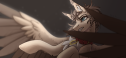 Size: 7087x3300 | Tagged: safe, artist:dorkmark, oc, oc only, oc:dima, pegasus, pony, angry, blurry background, bokeh, bust, chest fluff, collar, collar ring, ear fluff, focus, gritted teeth, nose wrinkle, portrait, solo, spread wings, teeth, wings