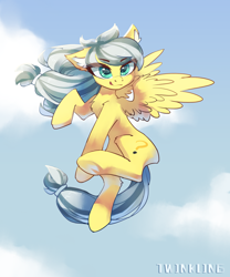 Size: 2000x2400 | Tagged: safe, artist:twinkling, oc, oc only, oc:konki, pegasus, pony, action pose, cloud, flying, high res, looking at you, smiling, solo