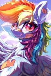 Size: 2000x3000 | Tagged: safe, artist:ask-colorsound, rainbow dash, pegasus, pony, g4, bandaid, bandaid on nose, chest fluff, cloud, cute, dashabetes, ear fluff, female, fluffy, high res, injured, mare, scratches, sky, smiling, smirk, solo