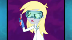 Size: 3410x1920 | Tagged: safe, screencap, derpy hooves, acadeca, equestria girls, g4, my little pony equestria girls: friendship games, female, goggles, high res, imminent explosion, open mouth, science, solo