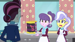 Size: 3410x1920 | Tagged: safe, screencap, principal abacus cinch, suri polomare, upper crust, acadeca, equestria girls, g4, my little pony equestria girls: friendship games, cake, clothes, crystal prep academy uniform, female, food, high res, open mouth, school uniform, trio