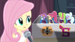 Size: 3410x1920 | Tagged: safe, screencap, fluttershy, lemon zest, sour sweet, sugarcoat, sunny flare, human, acadeca, equestria girls, g4, my little pony equestria girls: friendship games, female, high res, microphone, open mouth