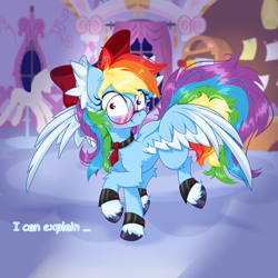 Size: 2500x2500 | Tagged: safe, artist:rurihal, rainbow dash, pegasus, pony, g4, blushing, caught, clothes, colored wings, cute, dashabetes, ear fluff, embarrassed, female, glasses, high res, looking at you, mare, messy mane, multicolored wings, rainbow dash always dresses in style, raised hoof, shrunken pupils, solo, spread wings, unshorn fetlocks, wings
