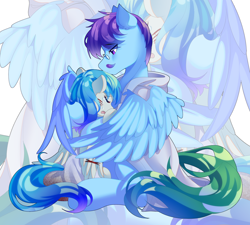 Size: 2918x2627 | Tagged: safe, artist:alus, oc, oc only, oc:dr.lancet dois, oc:dr.picsell dois, pegasus, pony, blood, clothes, comforting, crying, father and child, father and son, high res, hug, injured, injured wing, lab coat, male, wings, zoom layer