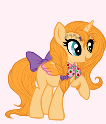 Size: 370x430 | Tagged: safe, artist:jraisins, oc, oc:princess butter bloom, alicorn, pony, au:friendship is kindness, series:fik: next generation, alternate universe, bow, braid, colored wings, commission, diadem, female, filly, foal, hair bow, heterochromia, jewelry, long hair, multicolored wings, neckerchief, offspring, parent:big macintosh, parent:fluttershy, parents:fluttermac, pink background, simple background, solo, tail, tail bow, wings