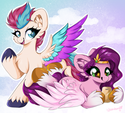 Size: 3015x2737 | Tagged: safe, artist:woonborg, pipp petals, zipp storm, pegasus, pony, g5, adorapipp, adorazipp, cellphone, chest fluff, cute, duo, ear fluff, female, headband, high res, jewelry, mare, open mouth, open smile, phone, regalia, royal sisters (g5), shiny, siblings, sisters, smiling, spread wings, unshorn fetlocks, wings