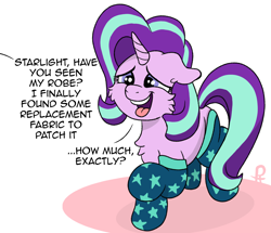 Size: 1306x1121 | Tagged: safe, artist:doodledonutart, starlight glimmer, pony, unicorn, g4, bashful, cheek fluff, chest fluff, clothes, comic, dialogue, female, floppy ears, implied sunburst, mare, offscreen character, open mouth, open smile, smiling, socks, solo