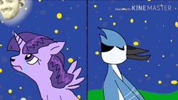 Size: 1280x720 | Tagged: safe, artist:fennekinlovers√√, twilight sparkle, g4, aeroplanes and meteor showers, airplanes (song), b.o.b., crossover, crossover shipping, crying, cute, eyes closed, female, hayley williams, male, meme, moon, mordecai, mordetwi, night, redraw mordetwi meme, regular show, sad, shipping, singing, sitting, stars, straight, teary eyes, youtube link