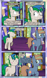 Size: 1920x3169 | Tagged: safe, artist:alexdti, oc, oc only, oc:brainstorm (alexdti), oc:star logic, pony, unicorn, comic:quest for friendship, :i, blushing, butt, comic, dialogue, dot eyes, duo, duo male, ears back, high res, hooves, horn, implied purple creativity, looking back, male, nervous, nose wrinkle, open mouth, plot, raised hoof, scrunchy face, shadow, shrunken pupils, smiling, speech bubble, stallion, standing, sweat, sweatdrops, sweating profusely, tail, twilight's castle, two toned mane, two toned tail, unicorn oc