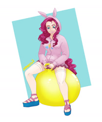 Size: 1280x1529 | Tagged: safe, artist:xoxori, pinkie pie, human, g4, clothes, hoodie, humanized, sandals, space hopper