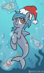 Size: 696x1148 | Tagged: safe, artist:redpalette, oc, oc only, original species, shark, shark pony, bottle, christmas, cute, hat, holiday, santa hat, scene, shark pony oc, smiling, tooth, underwater