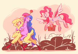 Size: 2000x1400 | Tagged: safe, artist:scribble-potato, izzy moonbow, paprika (tfh), pinkie pie, alpaca, pegasus, pony, unicorn, them's fightin' herds, g4, g5, basket, bracelet, community related, doodle, food, g5 concept leaks, izzy and her heroine, izzy impaling things, jewelry, muffin, necklace, one eye closed, open mouth, pegasus pinkie pie, pinkie pie (g5 concept leak), race swap