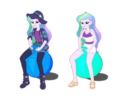 Size: 6099x4744 | Tagged: safe, artist:archadragon, artist:joshspeed7, princess celestia, principal celestia, equestria girls, g4, clothes, denim shorts, female, hat, jacket, leggings, looking at you, sandals, short sleeves, shorts, simple background, sleeveless, space hopper, transparent background, unamused