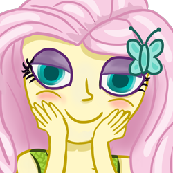 Size: 2000x2000 | Tagged: safe, artist:heaveneugene, fluttershy, equestria girls, g4, blushing, butterfly hairpin, female, hands on cheeks, high res, lidded eyes, simple background, smiling, solo, transparent background