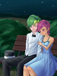 Size: 1281x1724 | Tagged: safe, artist:scs-g3-n17, scootaloo, spike, human, g4, bench, breasts, cleavage, clothes, commission, dress, duo, female, humanized, male, night, ship:scootaspike, shipping, straight